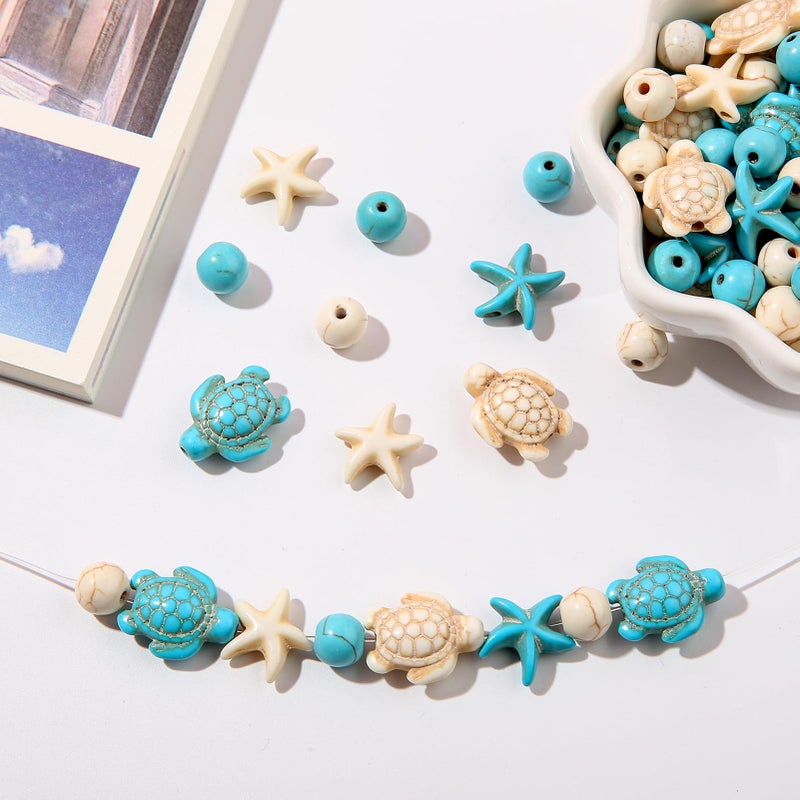 ANCADN 210pcs Turquoise Beads Sea Turtle Beads Floral White Turtle Charms Synthetic Turquoise Beads Starfish Beads for Jewelry Craft Making(bluewhite) - Image 4